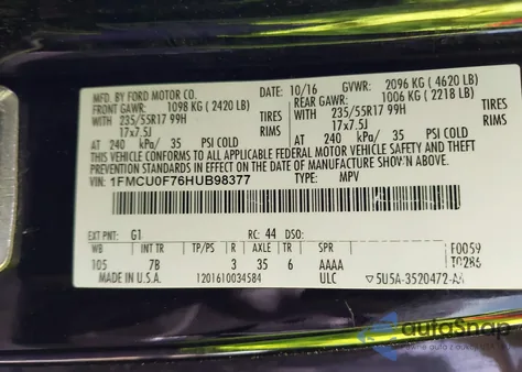 2017 Ford Escape S z USA, uszkodzony, nr VIN 1FMCU0F76HUB98377